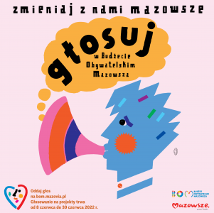 Grafika promująca głosowanie z hasłem "głosuj w Budżecie Obywatelskim Mazowsza"
