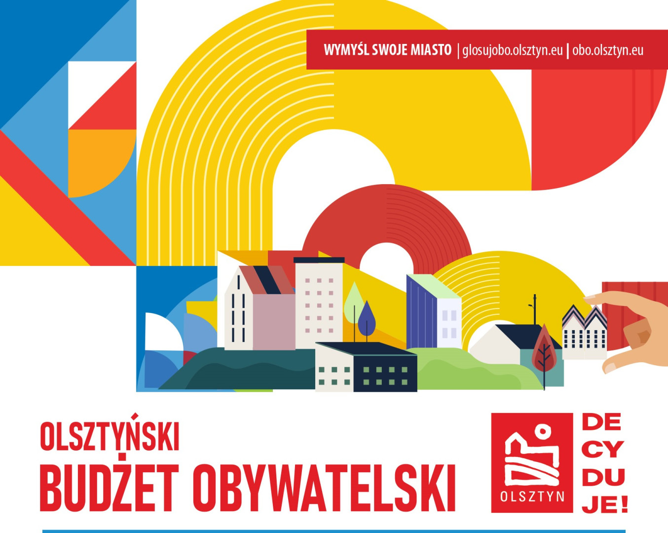 Kolorowa grafika przedstawiająca elementy miasta z napisem Olsztyński Budżet Obywatelski