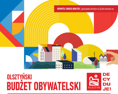 Kolorowa grafika przedstawiająca elementy miasta z napisem Olsztyński Budżet Obywatelski