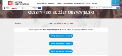 zdjęcie przedstawia napis Olsztyński Budżet Obywatelski oraz trzy punkty do głosowania.